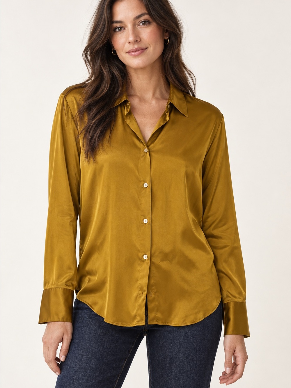 Abercrombie & Fitch Satin Button-Down Shirt in Mustard